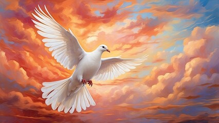 A white dove with outstretched wings soars gracefully against a backdrop of vibrant,
