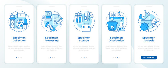 Specimen lifecycle blue onboarding mobile app screen. Biobanks research. Walkthrough 5 steps editable graphic instructions with linear concepts. UI, UX, GUI. Montserrat SemiBold, Regular fonts used