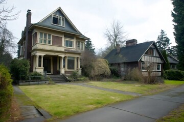 Two houses facing each other, one large and abandoned, the other small and run down, representing social inequality and economic disparity