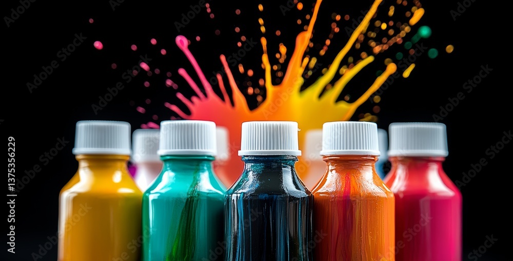 Poster row of colorful paint bottles are lined up on a table. the bottles are of different colors and sizes