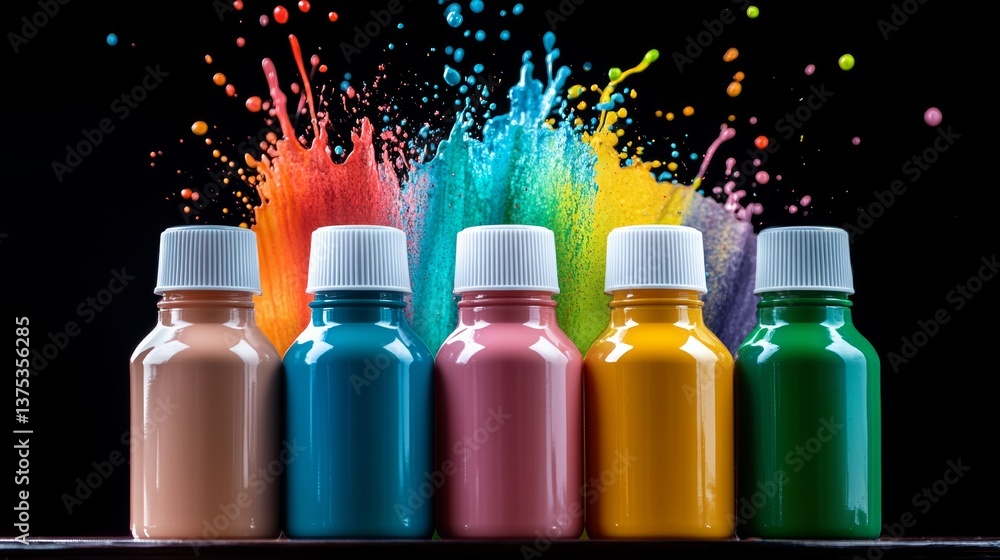 Poster row of colorful paint bottles with a splash of color in the background. the bottles are arranged in 