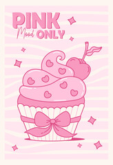 Pink Vintage Coquette Cream Cupcake with Cherry Berry and Ribbon Bow. Romantic Girly Vibe. Aesthetic Sweet Dessert on Groovy Distorted Stripe Background. Vector illustration. Cute Trendy Cool card