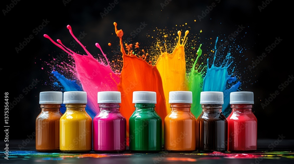 Poster row of colorful paint bottles are lined up on a table. the bottles are of different colors, includin