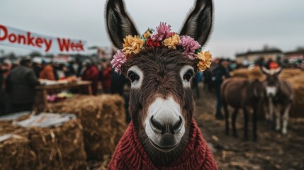 Celebration of rural life at a vibrant fair featuring a decorated donkey in a festive atmosphere. World Donkey Day