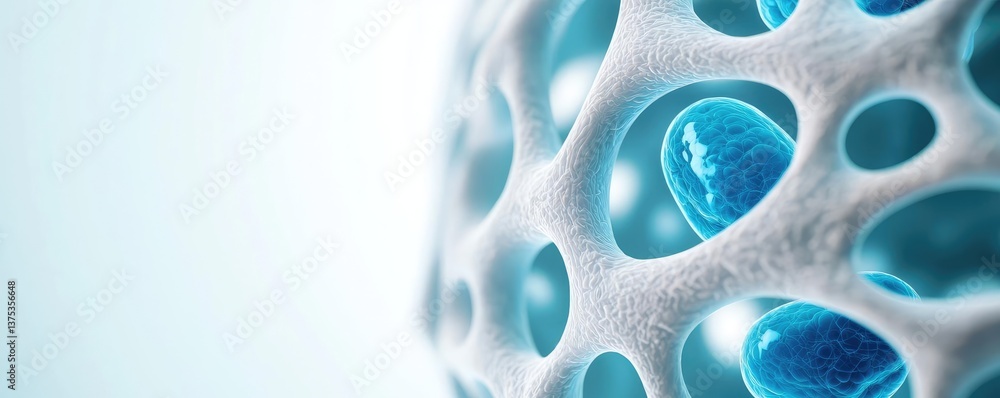 Poster blue exosome particles with 3d biotechnology visualization concept. close-up of a microscopic struct
