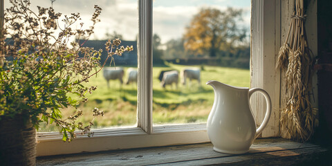 Milk jug on farmhouse windowsill with pasture view