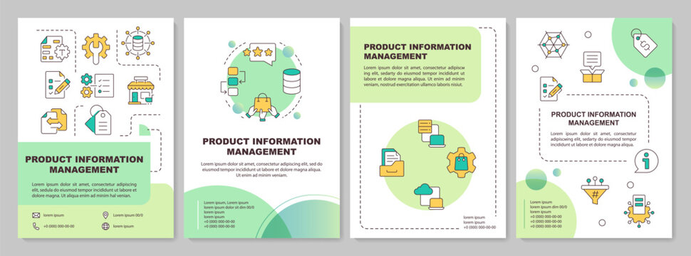 Product information management green circle brochure layout. PIM system strategy. Leaflet advertising design with color line icons. Editable 4 pages. Arial-Bold, Myriad Pro-Regular fonts used
