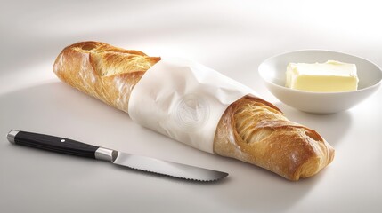 A baguette partially wrapped in parchment paper, placed beside a knife and butter dish