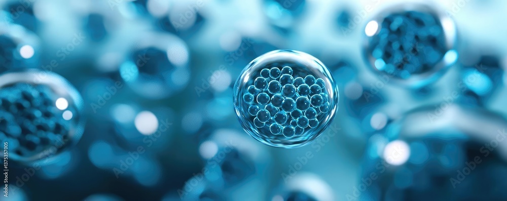 Poster blue exosome particles with 3d particle visualization concept. close-up of microscopic blue bubbles 