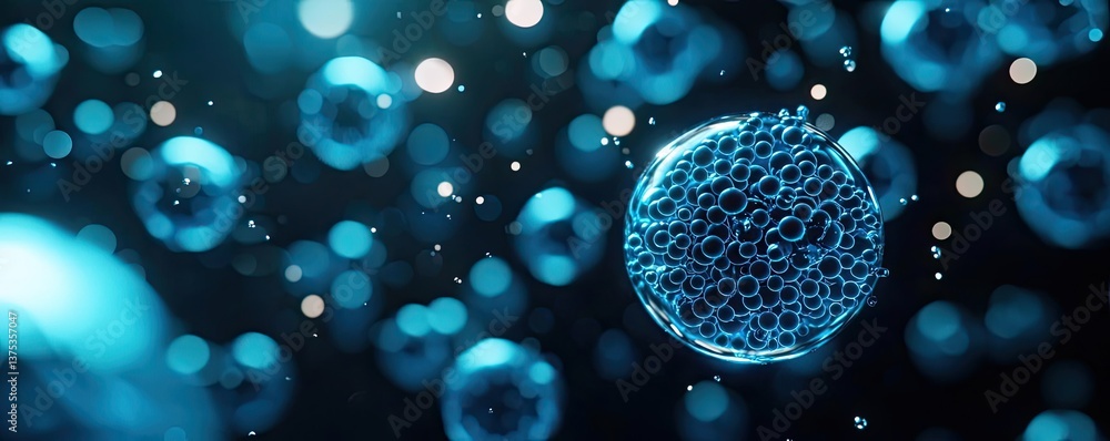 Poster blue exosome particles with 3d particle visualization concept. microscopic view of blue cells under 