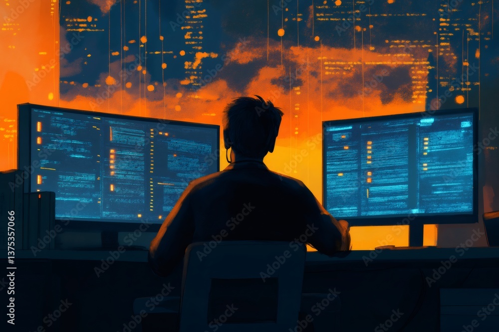 Poster programmer working at night protecting sensitive data from cyber threats, with a cityscape in the ba