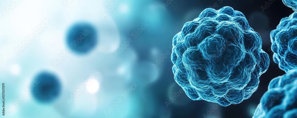 Poster blue exosome particles with 3d medical visualization concept. abstract view of microscopic cells in 