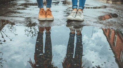 Two pairs of feet in casual shoes stand on a wet pavement, reflecting the sky and trees in a puddle.