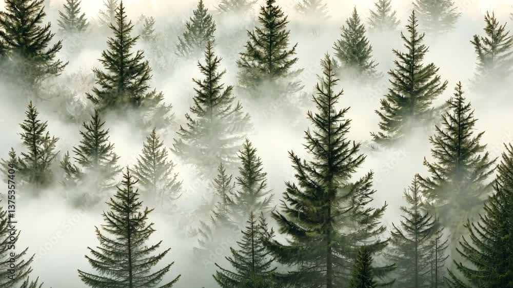 Poster mystical forest of pines: an ethereal scene of a forest enveloped in a swirling mist, highlighting t