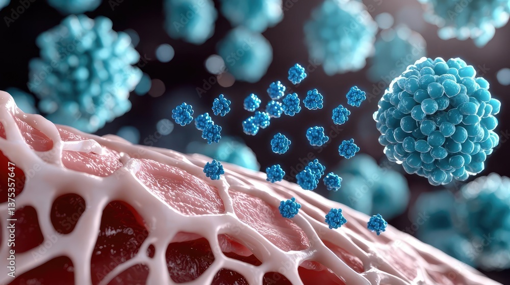 Poster blue exosome particles with 3d biotechnology visualization concept. microscopic view of cellular str