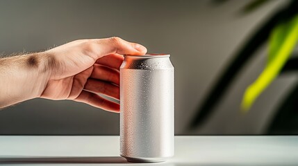 Hand is holding a can of soda with condensation on the outside. Concept of refreshment and enjoyment, as the person is about to take a sip of the cold beverage