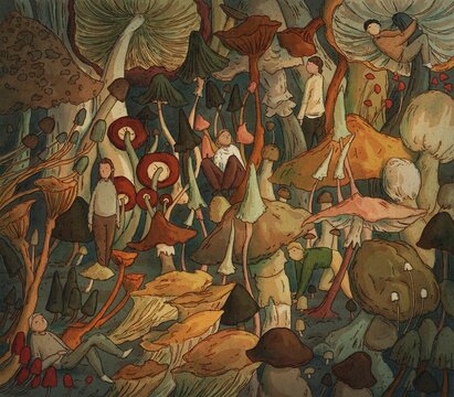 Landscape with people living among mushrooms