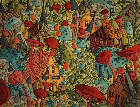 Landscape with mushrooms and houses