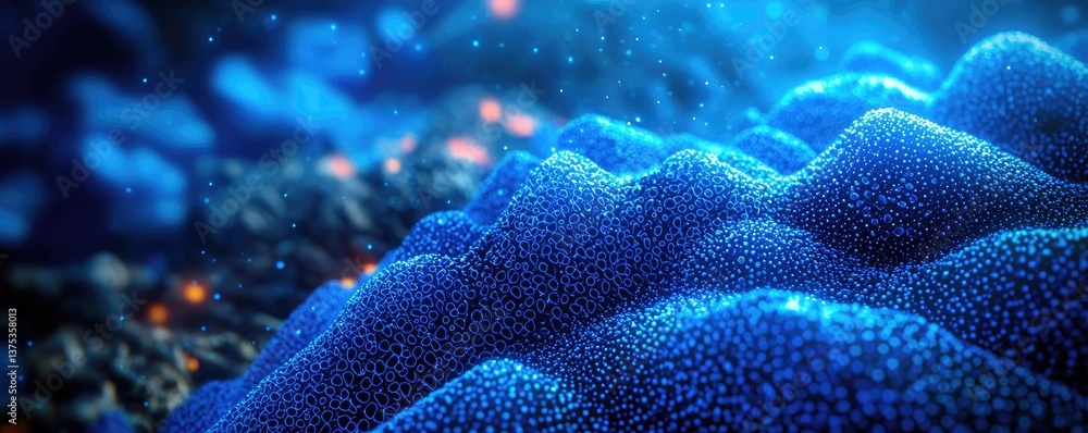 Poster blue exosome particles with 3d particle visualization concept. a vibrant underwater scene with textu