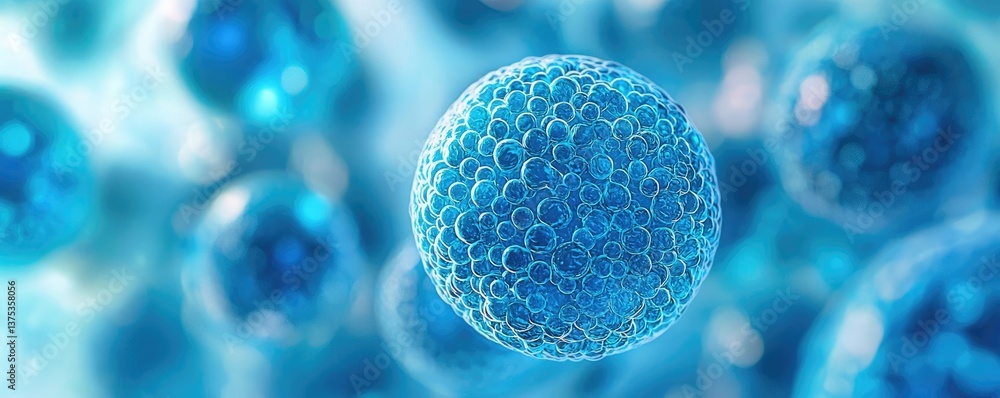 Poster blue exosome particles with 3d biotechnology visualization concept. close-up view of blue spherical 