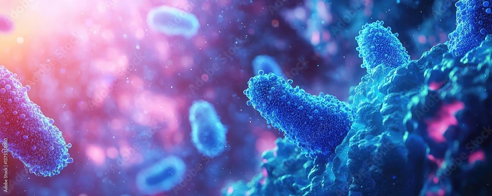 Aufkleber blue exosome particles with 3d particle visualization concept. close-up of vibrant bacteria in a col