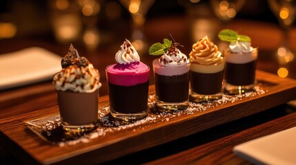 A beautifully arranged mousse flight with different flavors in small glasses on a wooden tray