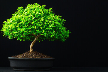beautiful bonsai tree with vibrant green leaves, isolated on black background, showcasing its intricate shape and artistry. This plant symbolizes peace and tranquility