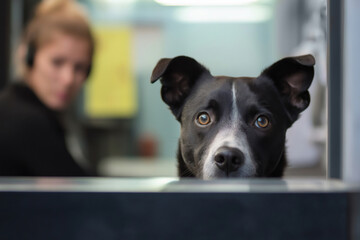 Adorable dog peeking over a desk with a blurred telemarketer in the background, creating a heartwarming office scene