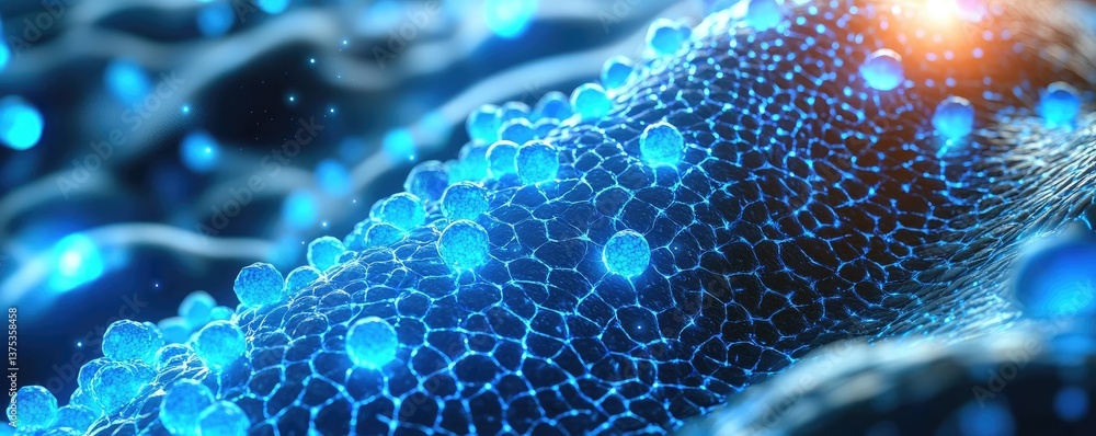 Aufkleber blue exosome particles with 3d biotechnology visualization concept. vibrant microscopic view of cell