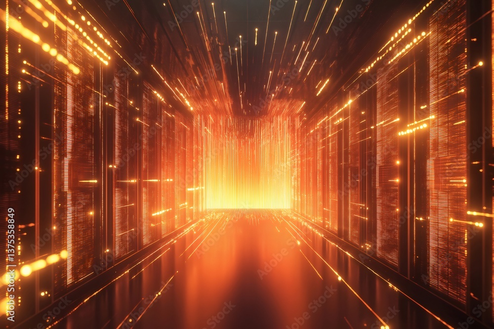 Poster orange encrypted data flowing and glowing through a futuristic server room corridor, illuminating th