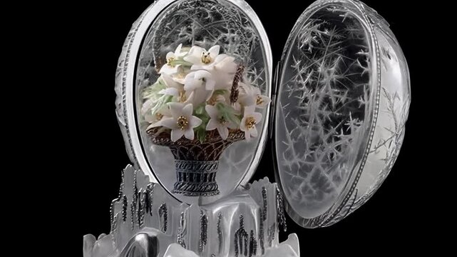 Ornate crystal egg opening, clear and intricate, revealing a bouquet of white flowers, symbolic of Faberge style.