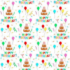 Seamless vector pattern for birthday celebration party with cake, balloons and confetti