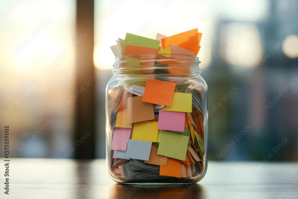 Poster glass jar full of colorful sticky notes and reminder slips placed on a desk in a modern office with 
