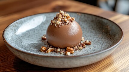 A close-up of a chocolate mousse in a ceramic bowl, topped with crushed nuts