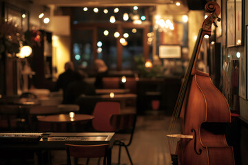 Cozy jazz bar with warm lighting, double bass and keyboard ready for the evening's performance