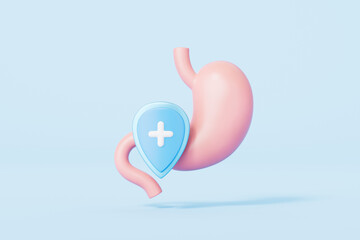 3d rendering medical stomach and shield in blue background