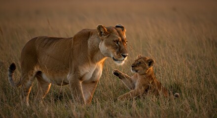 Naklejka premium Golden Hour Lioness and Cub
