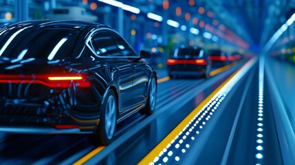 Fototapeta premium Sleek black cars drive on a futuristic roadway with glowing lines, creating a dynamic and technological atmosphere.