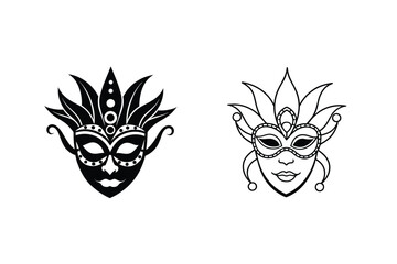 Two Elegant Venetian Carnival Masks Black, Outline, Festive, Design