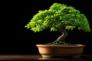 vibrant bonsai tree with lush green leaves sits in ceramic pot against black background, showcasing its intricate branches and artistic form