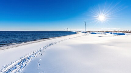 Obraz premium Footprints in the snow leading to a lighthouse on a sunny winter day by the sea. Bright blue sky, snow covered beach, distant lighthouse.