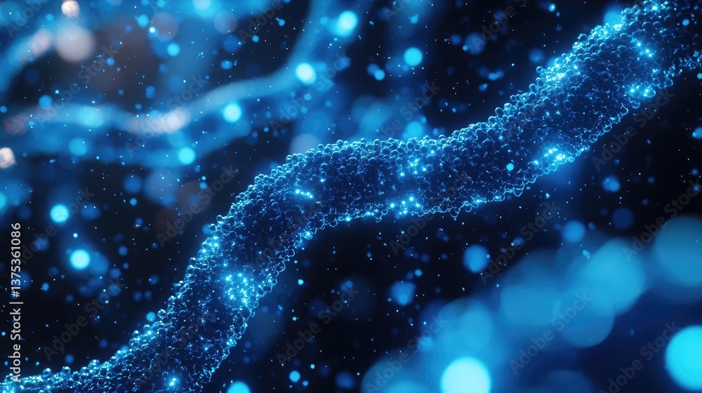 Poster blue exosome particles with 3d biotechnology visualization concept. abstract image of glowing blue p