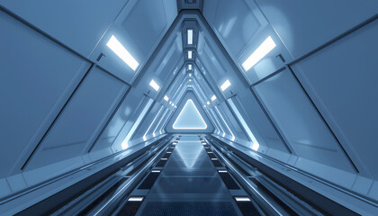 Fototapeta premium Abstract Triangle Spaceship corridor. Futuristic tunnel with light. Future interior background, business, sci-fi science concept. 3d rendering , with white tonespng
