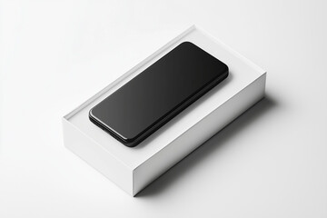 Fototapeta premium Futuristic smartphone packaging with sleek matte black finish, high-tech aesthetic, white background