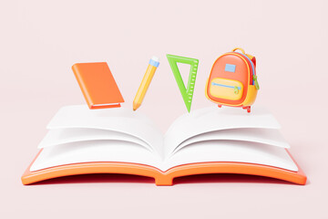 3d rendering cartoon schoolbag and stationery in pink background