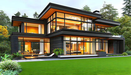 Obraz premium Modern Black and Glass House with Illuminated Interior and Green Lawn
