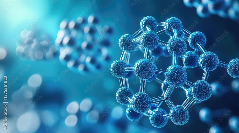 Poster blue exosome particles with 3d biotechnology visualization concept. abstract molecular structure rep