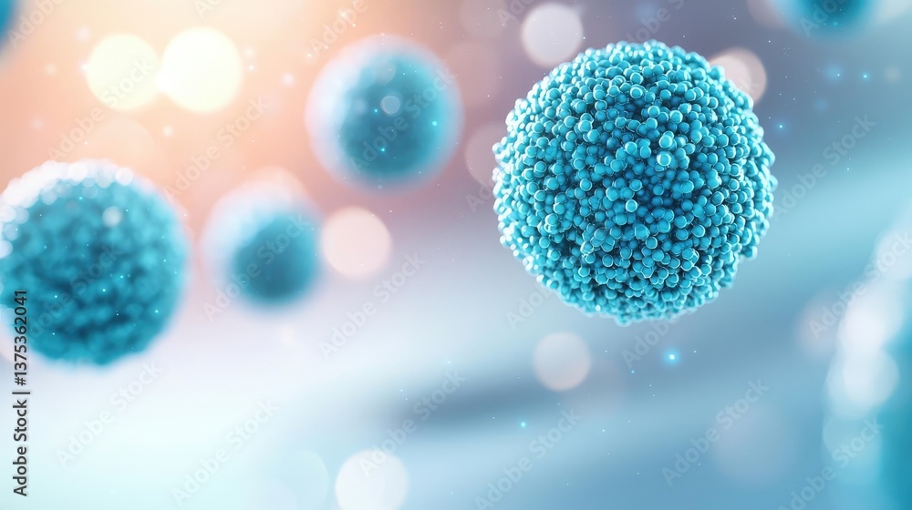 Poster blue exosome particles with 3d particle visualization concept. abstract representation of vibrant mi
