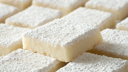 A close-up of freshly baked shortbread cookies with a light dusting of powdered sugar.
