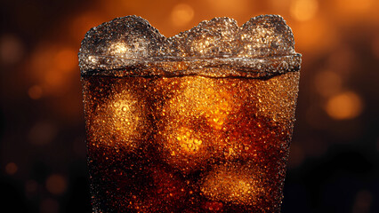 Macro shot of An ice cube melting in soda, with bubbles and condensation forming around the edges